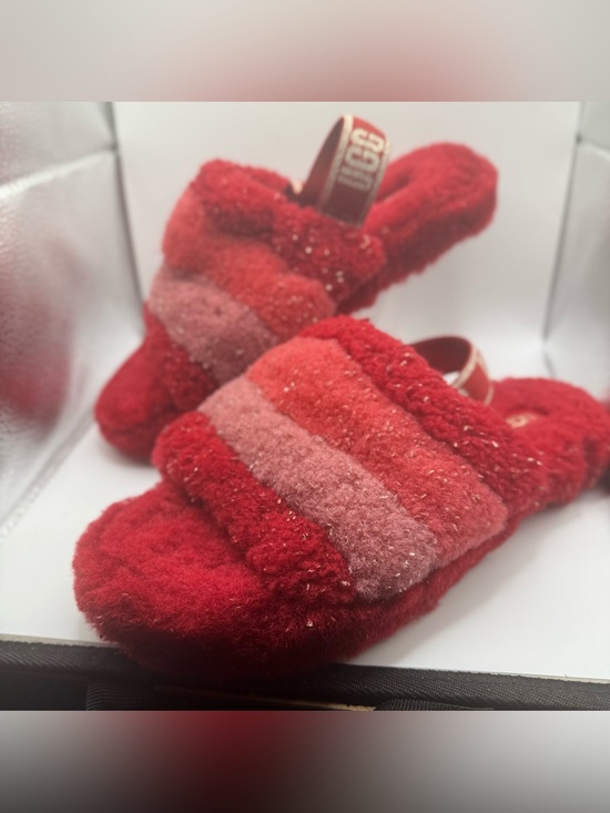 UGG Shoes - UGG Girls Red and Pink Fuzzy Metallic Gold accents Slide Slippers